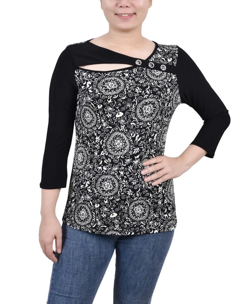 Ny Collection Petite 3/4 Sleeve Puff Print Cutout Top