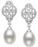 Belle de Mer Cultured Freshwater Pearl (7-8mm) & Lab-Created White Sapphire (1/6 ct. t.w.) Drop Earrings in Sterling Silver