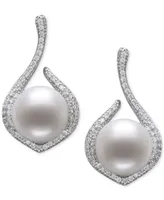 Belle de Mer Cultured Freshwater Button Pearl (10-11mm) & Cubic Zirconia Drop Earrings in Sterling Silver