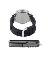 American Exchange Men's Quartz Movement Black Silicone Analog Watch, 50mm and Multi-Purpose Tool with Zippered Travel Pouch