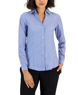Jones New York Women's Striped Easy Care Button Up Long Sleeve Blouse - Blue