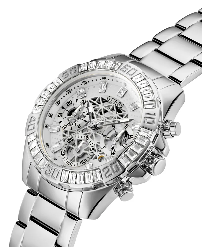 Guess Women's Silver-Tone Glitz Stainless Steel Multi-Function Bracelet Watch 40mm - Silver