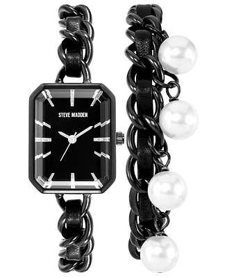 Steve Madden Women's Black Alloy Chain with Black Insert Bracelet Set Watch, 22mm