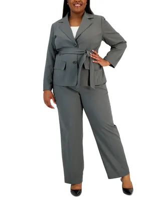 Le Suit Plus Size Belted Pinstripe Blazer & Pants