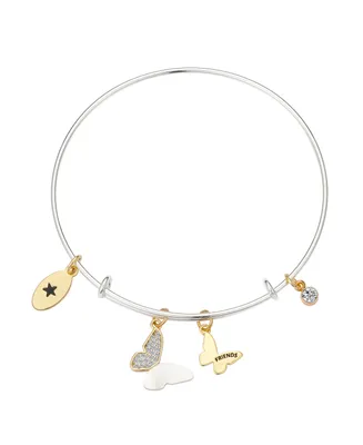 Unwritten 14K Gold Two Tone Flash-Plated Brass Mother of Pearl and Cubic Zirconia Friends Butterfly Charm Bangle Bracelet