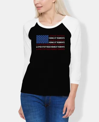 La Pop Art Women's Raglan Land of the Free American Flag Word T-shirt