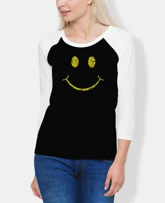 La Pop Art Women's Raglan Be Happy Smiley Face Word T-shirt