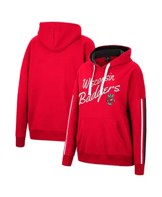 Women's Colosseum Red Wisconsin Badgers Serena Oversized Sleeve Striping Pullover Hoodie