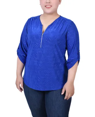 Ny Collection Plus Size 3/4 Roll Tab Zip Front Jacquard Knit Top