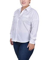 Ny Collection Plus Long Sleeve Hidden Placket Blouse with Studs