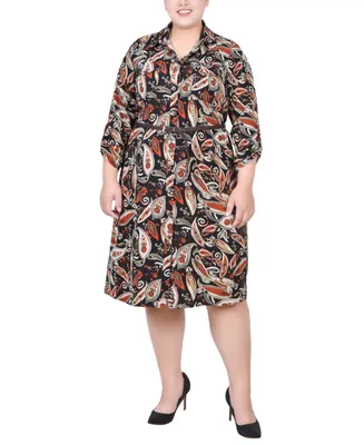 Ny Collection Plus 3/4 Roll Tab Sleeve Shirtdress