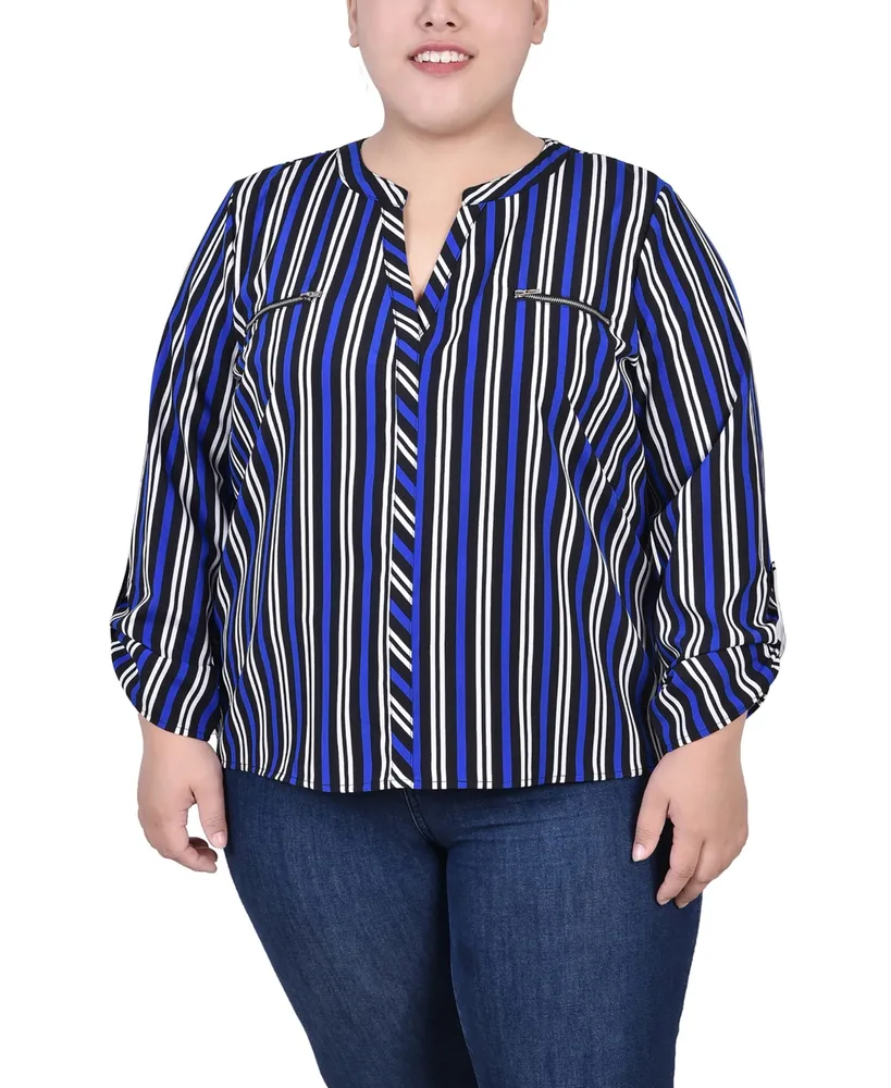 Ny Collection Plus Size Long Roll Tab Sleeve Zip Pocket Blouse