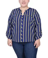 Ny Collection Plus Size Long Roll Tab Sleeve Zip Pocket Blouse