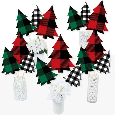 Holiday Plaid Trees - Buffalo Plaid Christmas Centerpiece Table Toppers - 15 Ct