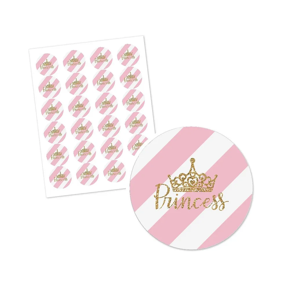 Little Princess Crown - Pink & Gold Princess Party Circle Sticker Labels - 24 Ct