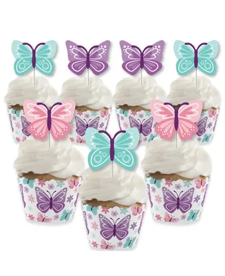 Beautiful Butterfly Baby Shower Birthday Cupcake Wrappers Treat Picks Kit 24 Ct