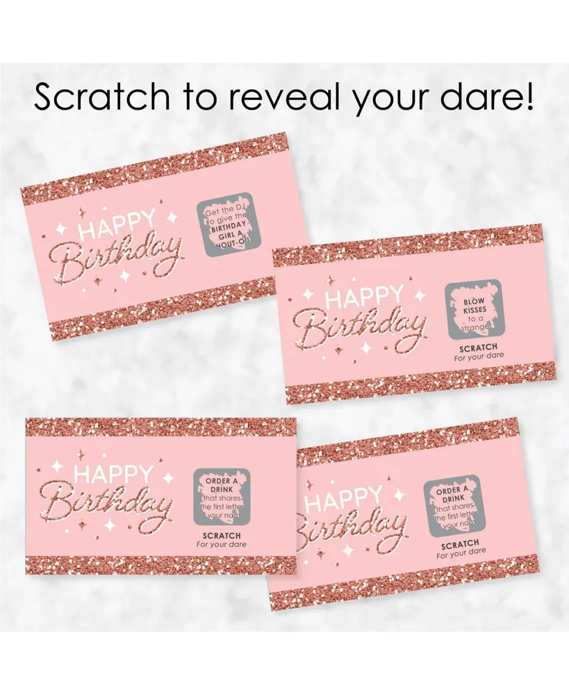 Pink Rose Gold Birthday - Happy Birthday Party Game Scratch Off Dare Cards 22 Ct
