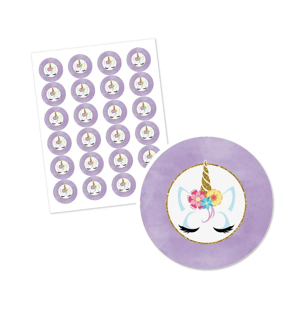 Rainbow Unicorn - Magical Unicorn Party Circle Sticker Labels - 24 Ct
