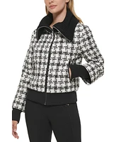 Karl Lagerfeld Paris Women's Sweater Collar Tweed Bomber Coat