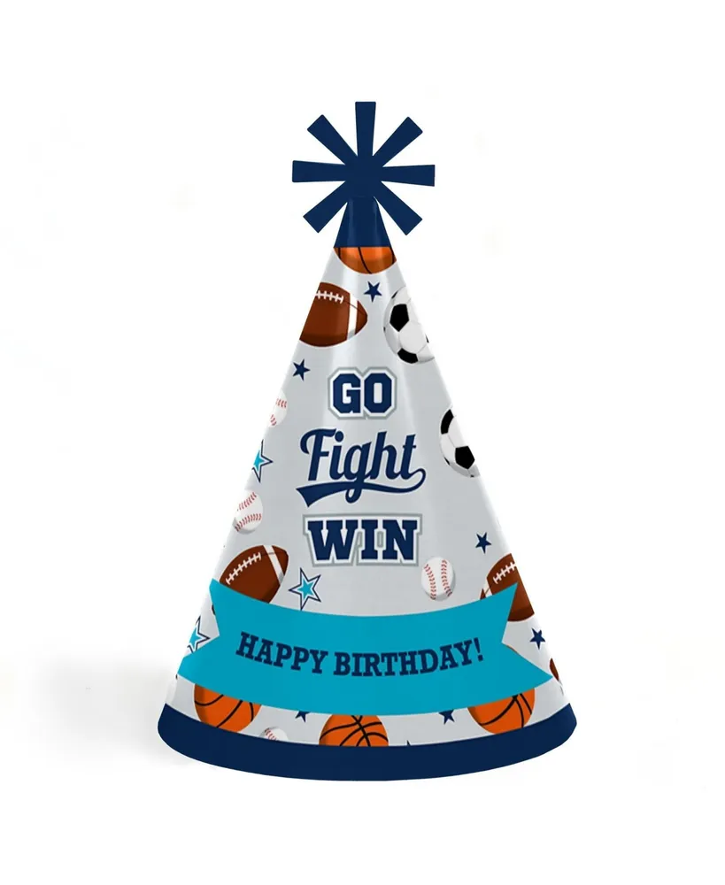 Go, Fight, Win - Sports - Cone Happy Birthday Party Hats - 8 Ct (Standard Size)