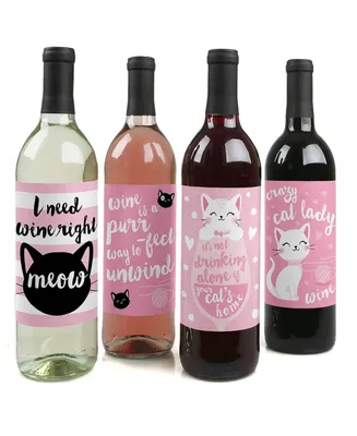 Purr-fect Kitty Cat - Kitten Meow Party Decor - Wine Bottle Label Stickers 4 Ct