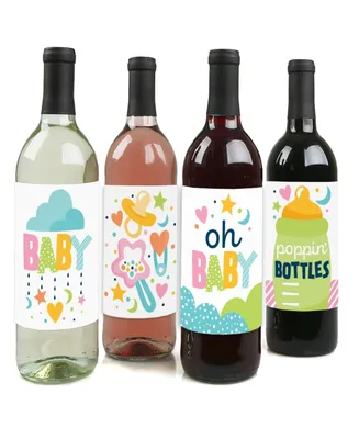 Colorful Baby Shower - Gender Neutral Decor - Wine Bottle Label Stickers - 4 Ct - Assorted Pre