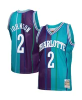 Men's Mitchell & Ness Larry Johnson Teal, Purple Charlotte Hornets Hardwood Classics 1992-93 Split Swingman Jersey