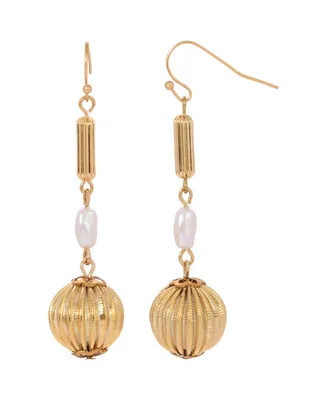 2028 Women's Gold-Tone Round Fluted Bead with Rice Shaped White Imitation Pearl Earrings
