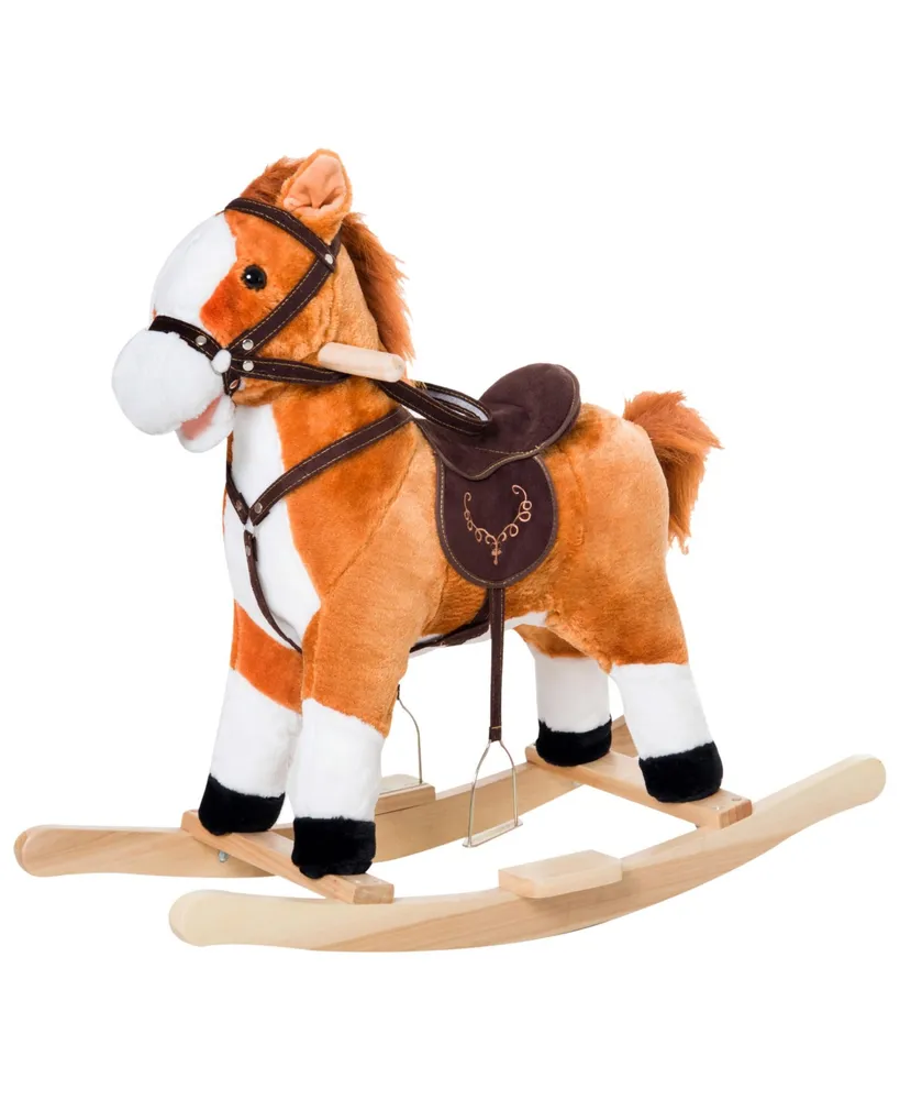 Qaba Kids Rocking Horse Plush Ride on Toy Moving Tail Child Rocker w/Sound