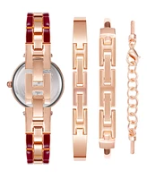 Anne Klein Women's Rose Gold-Tone Alloy Bracelet with Burgundy Enamel and Crystal Accents Fashion Watch 34mm Set 4 Pieces