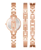 Anne Klein Women's Rose Gold-Tone and Black Alloy Bangle with Crystal Accents Fashion Watch 33mm Set 3 Pieces - Rose Gold