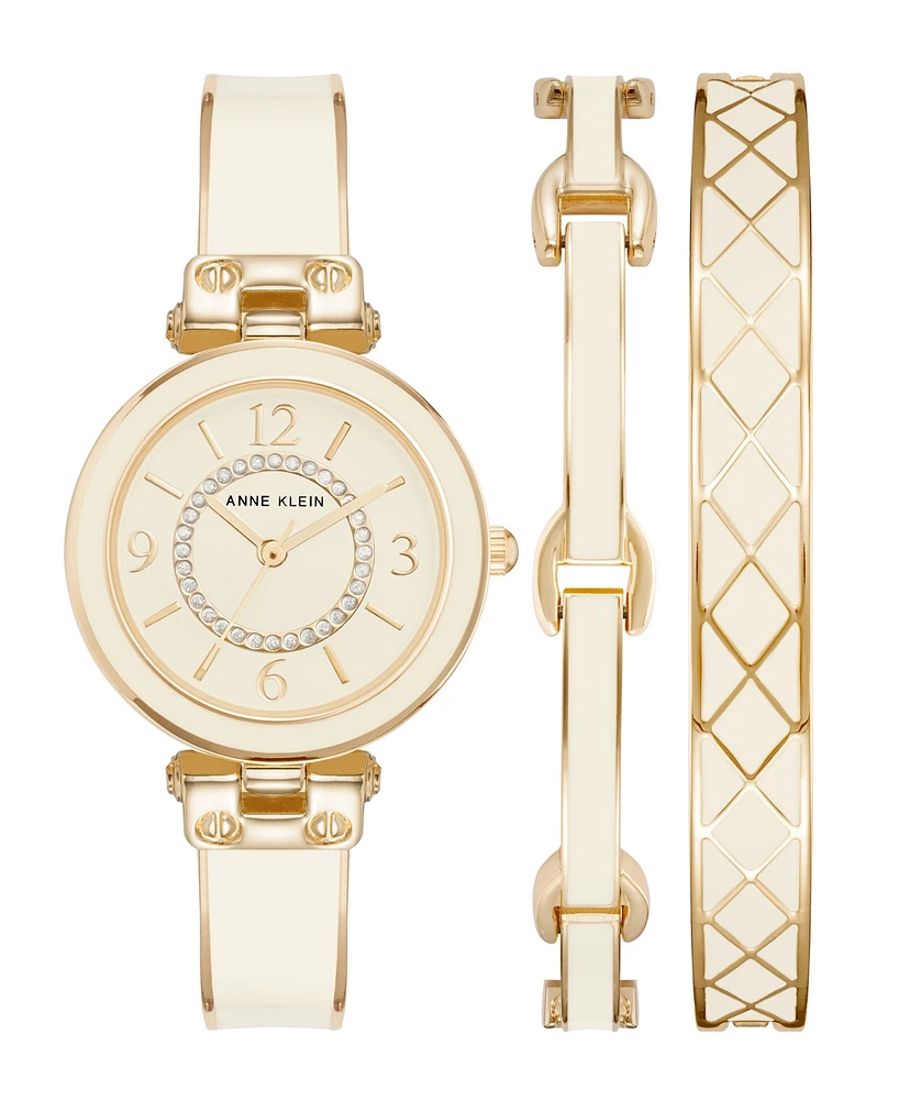 Anne Klein Women's Gold-Tone Alloy Bangle with White Enamel and Crystal Accents Fashion Watch 33mm Set 3 Pieces