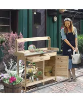 Wood Potting Bench Workstation Table w/ Storage Cabinet, Shelf Natural