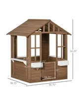 Outsunny Kids Outdoor Wooden Playhouse w/ Door Windows Flower Pot Holder, Brown