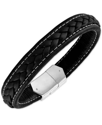 Esquire Men's Jewelry Woven Black Leather Bracelet in Sterling Silver, Created for Macy's