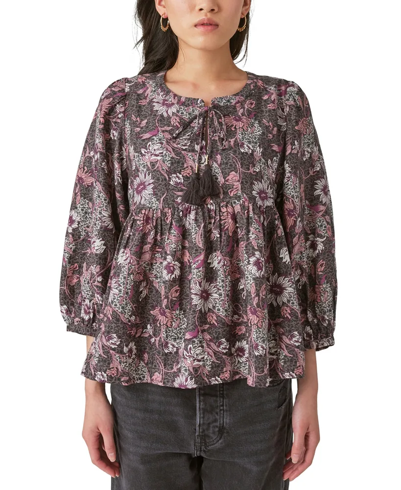 Lucky Brand Women's Embroidered Long-Sleeve Square-Neck Top - Macy's