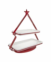 Godinger 2 Tier Red Framed Star Server with Porcelain Plates Set, 3 Pieces