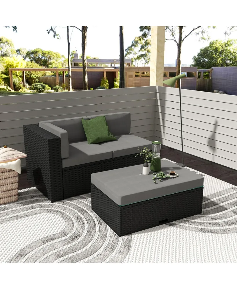 2 Piece Outdoor Patio Modern Sectional Sofa Set with Storage Ottoman
