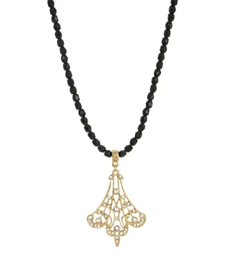 2028 Crystal Filigree Drop Necklace Black Bead Chain