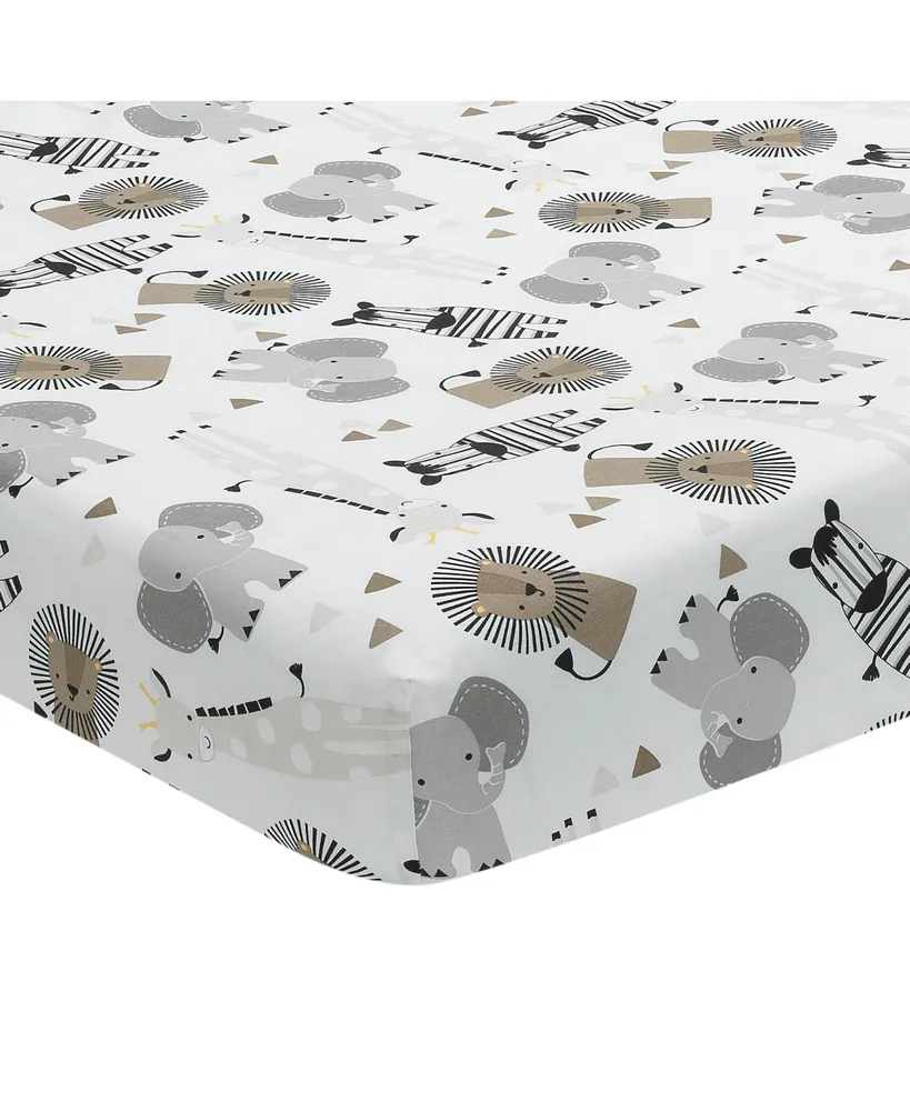 Lambs & Ivy Jungle Safari 100% Cotton White/Gray Elephant/Lion Fitted Crib Sheet