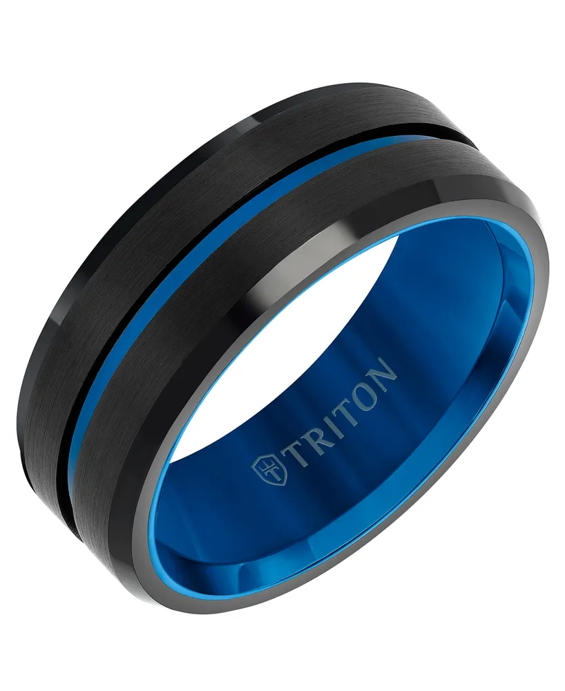 Triton Men's Brushed Finish Wedding Band Black & Blue Tungsten Carbide