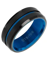Triton Men's Brushed Finish Wedding Band Black & Blue Tungsten Carbide