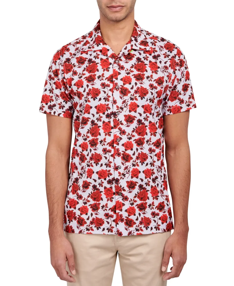 Society of Threads Men's Slim-Fit Non-Iron Performance Stretch Floral-Print Camp Shirt
