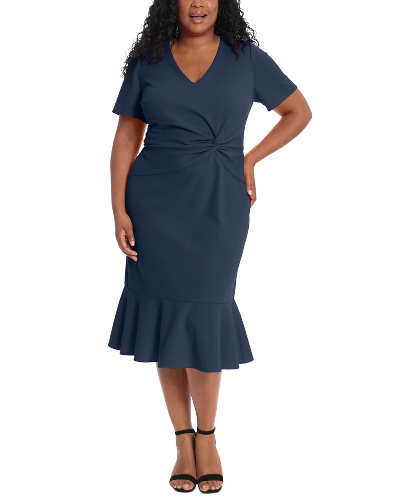 London Times Plus Size Twist-Front Flounce-Hem Dress