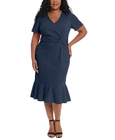 London Times Plus Size Twist-Front Flounce-Hem Dress