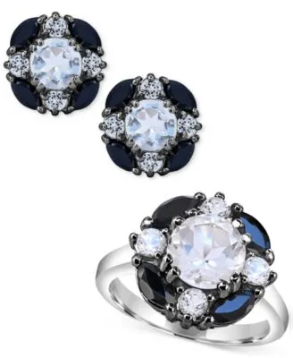 White Quartz White Topaz Black Spinel Cluster Jewelry Collection In Sterling Silver