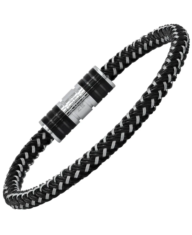 hickey by Hickey Freeman Carbon Fiber Two Tone Stainless Steel and Leather Cord Woven Braided Bracelet