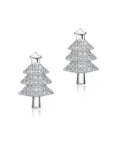 Genevive Sterling Silver with Rhodium Plated Clear Round Cubic Zirconia Pave Christmas Tree Earrings