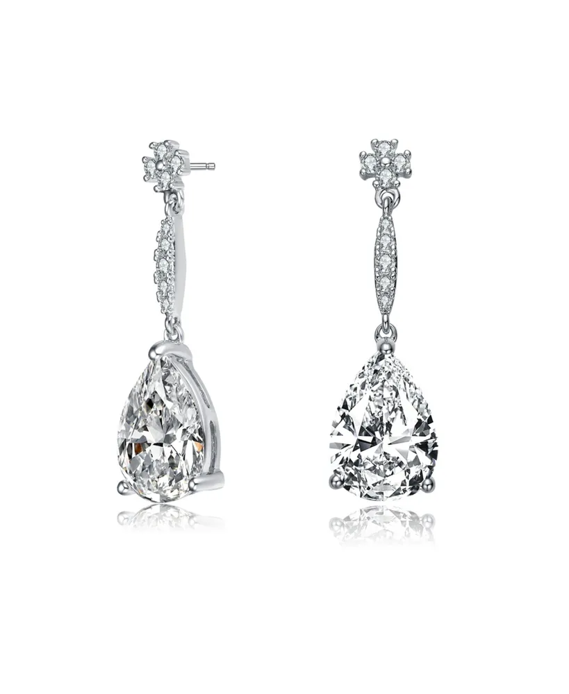 Genevive Sterling Silver with Rhodium Plated Clear Pear Cubic Zirconia Solitaire with Accent Drop Earrings