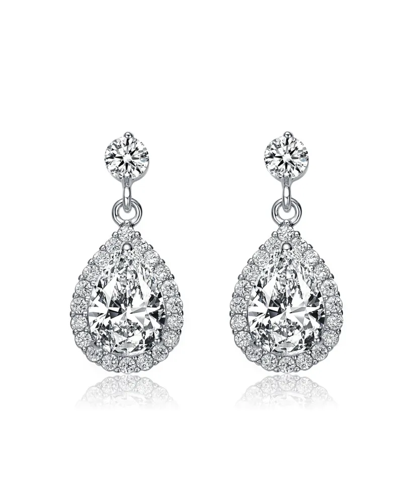 Genevive Sterling Silver with Rhodium Plated Clear Pear and Round Cubic Zirconia Halo Teardrop Earrings